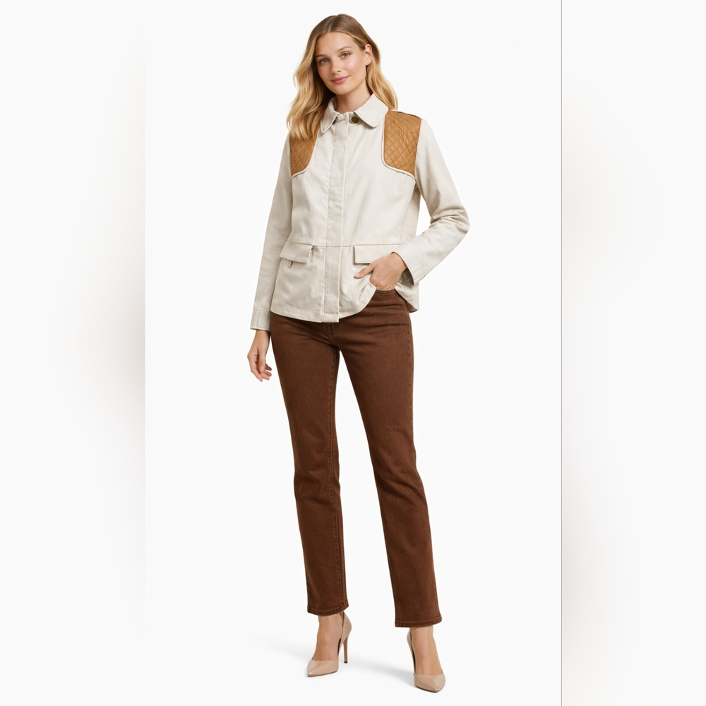 Tory Burch Regina Jacket  Quilted Vest Tan Zip Front Leather Trim M